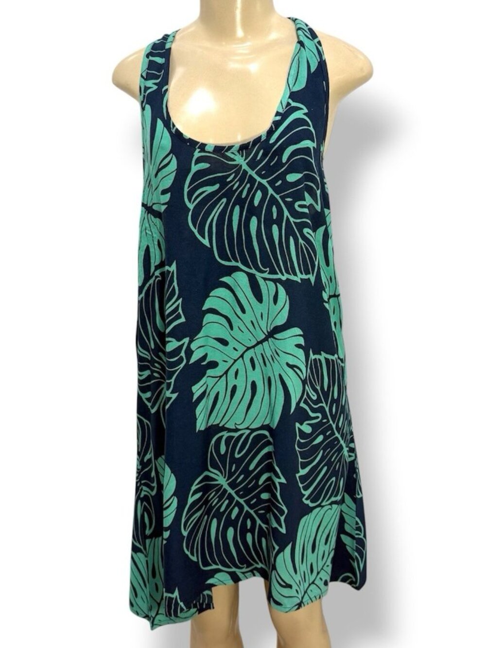 Hamakua Dress Womens XL Blue Aloha Hawaiian Sleeveless Rayon Monstera Resort